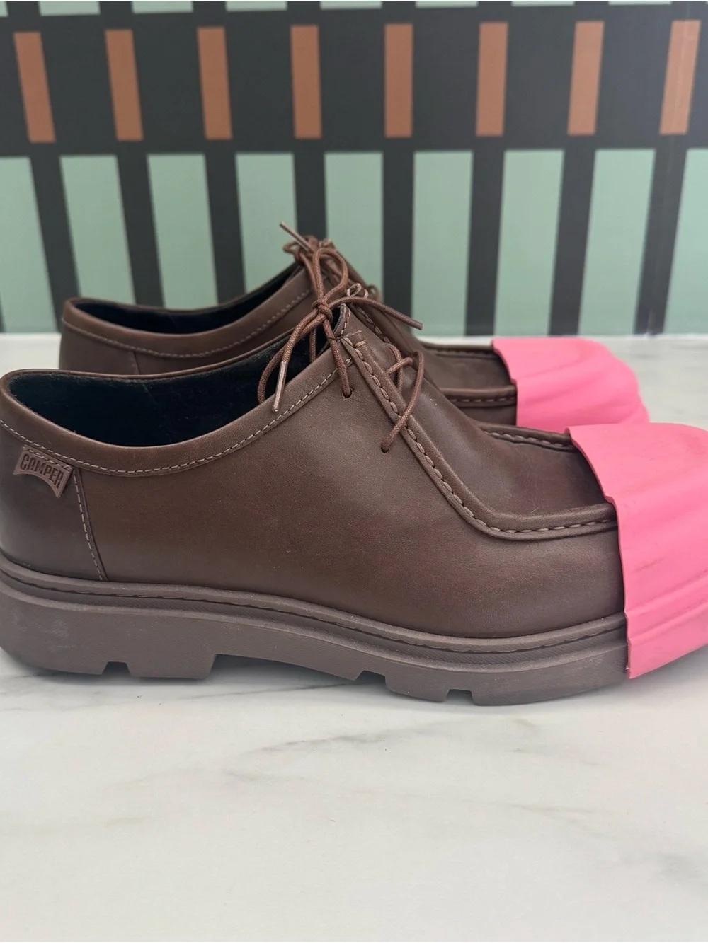 Camper Junction Brown Leather Shoes w/ Pink Removable Rubber Cap Toe – Size 10.5
